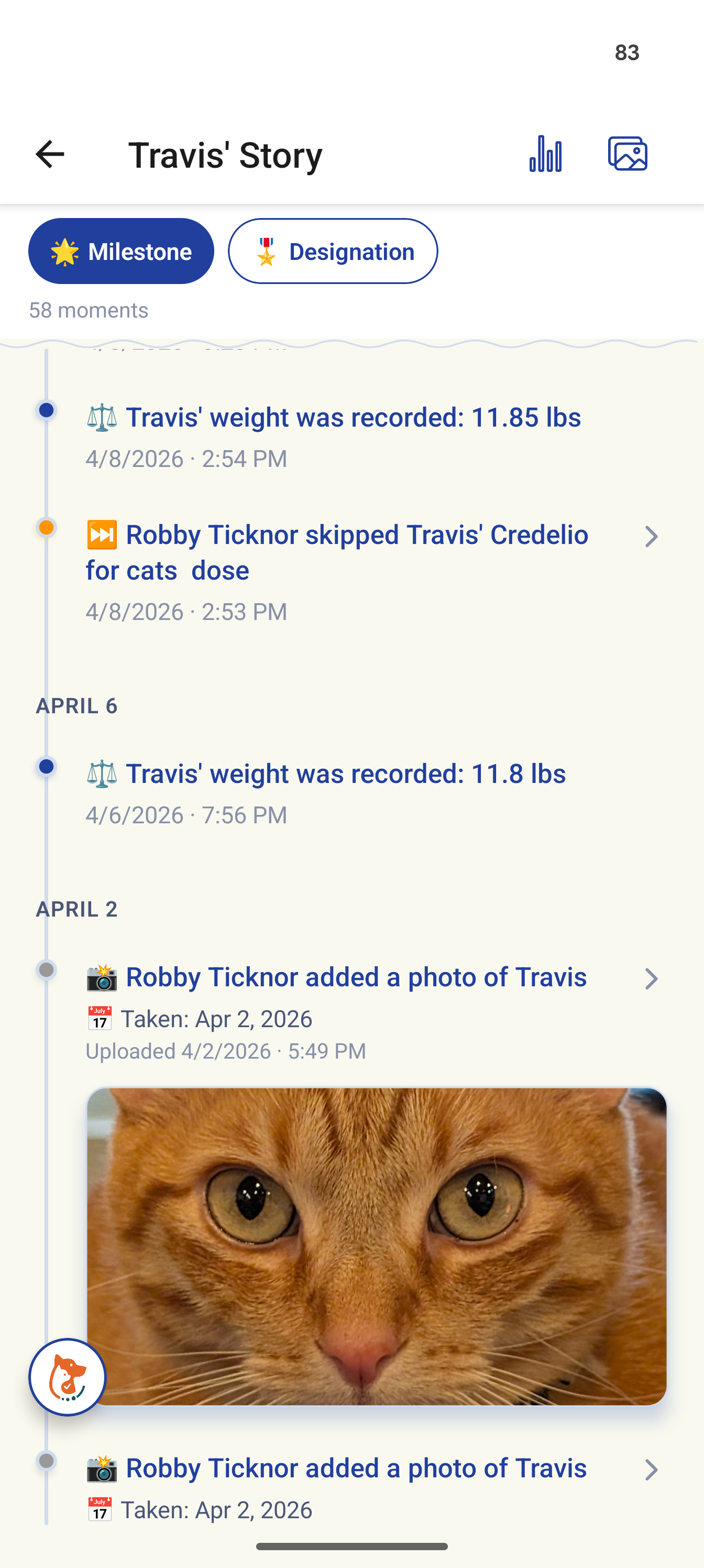 Travis' Story timeline in Trovvy showing 58 moments including weight recordings, medication tracking, and uploaded photos