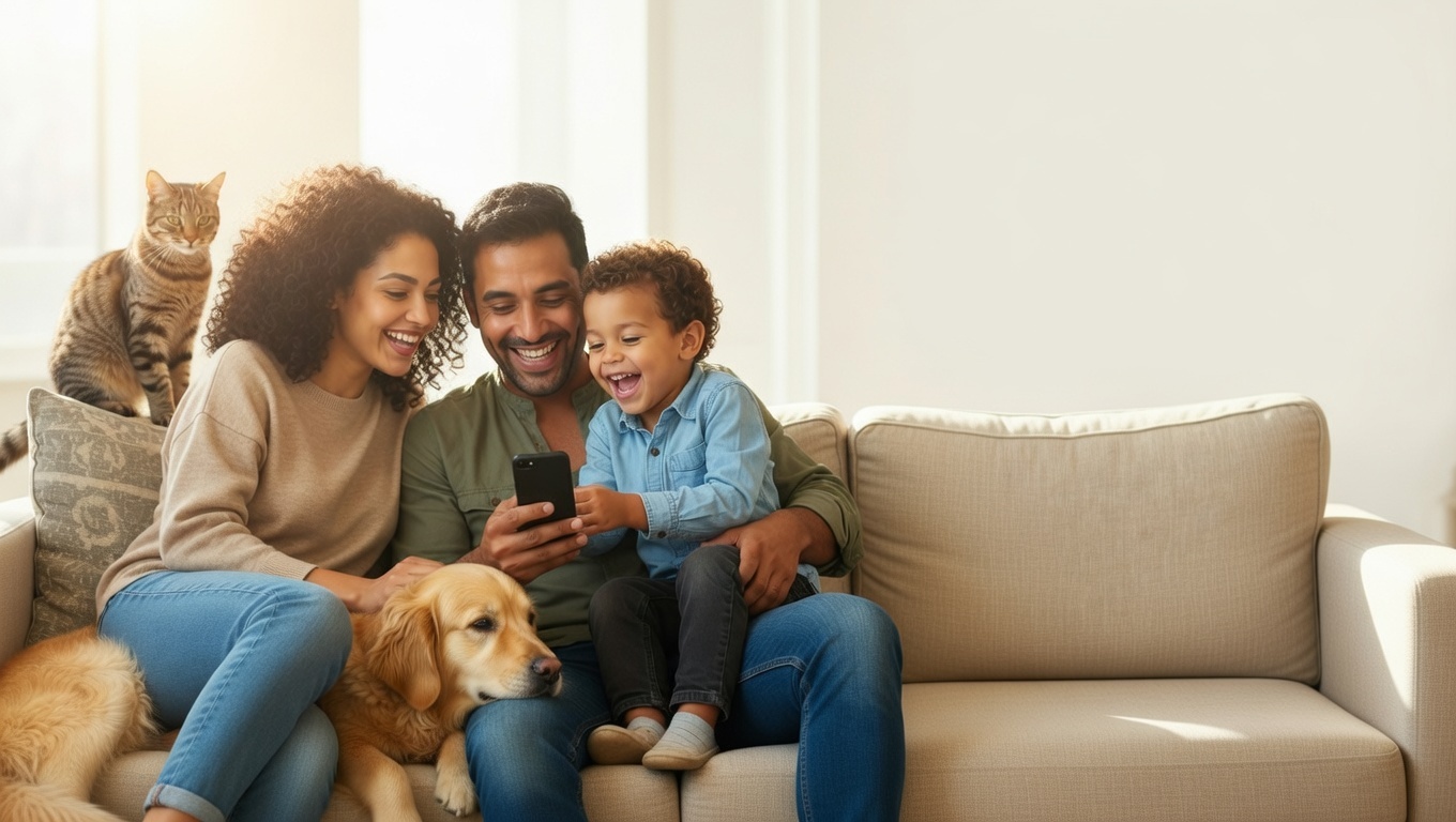 Happy family with pets using Trovvy