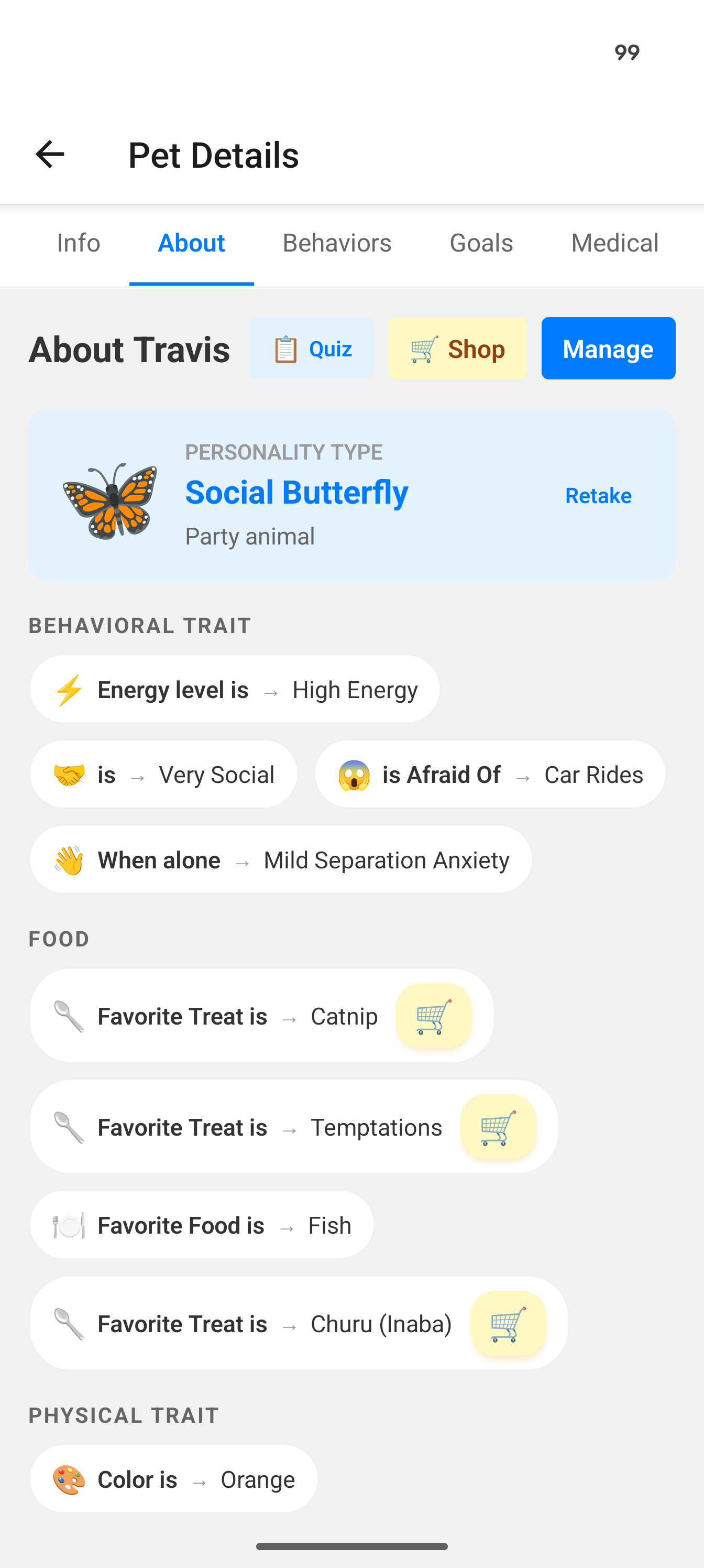 Pet attributes showing behavioral traits, food preferences, and physical characteristics