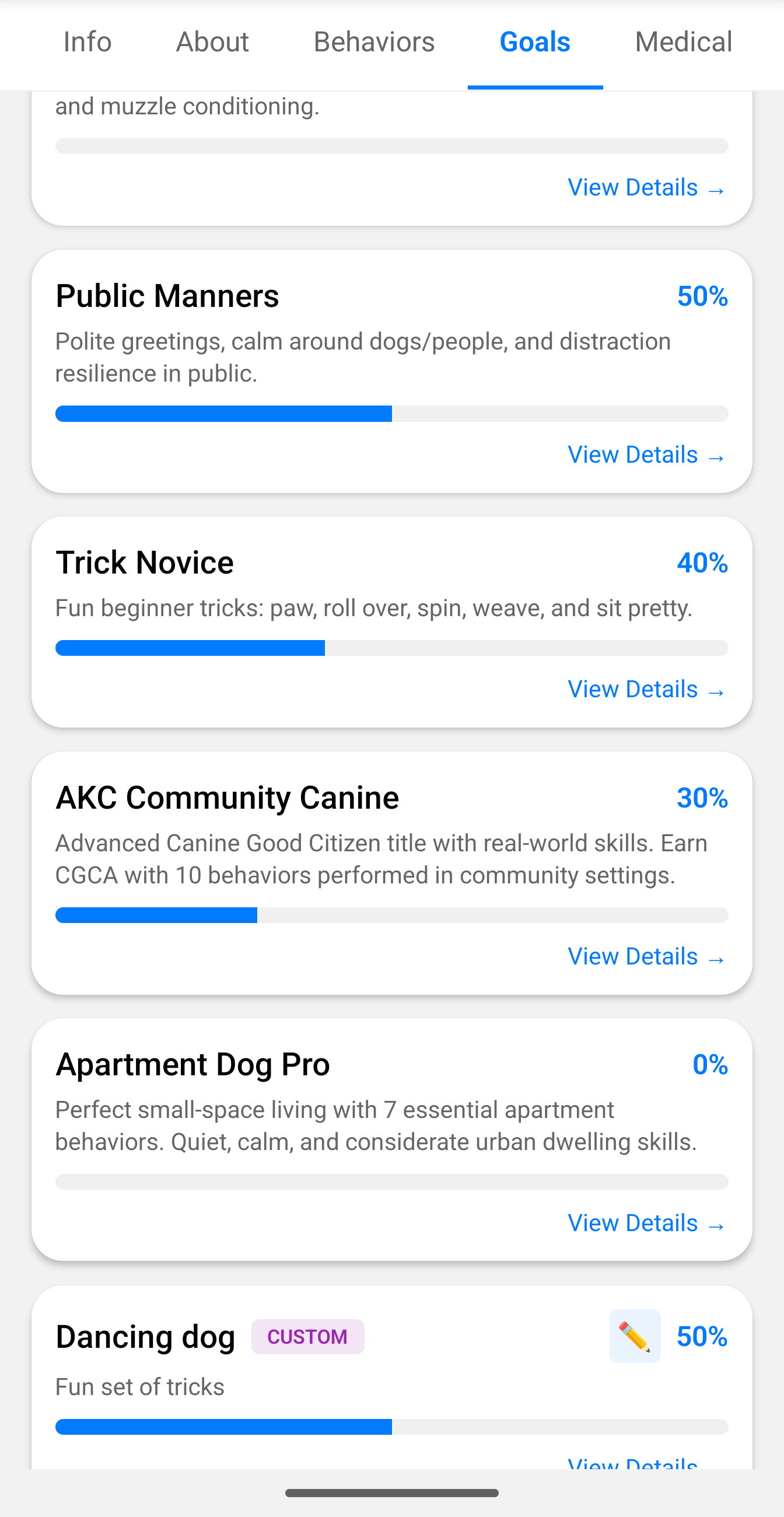 Goal tracking showing Public Manners, Trick Novice, AKC Community Canine progress