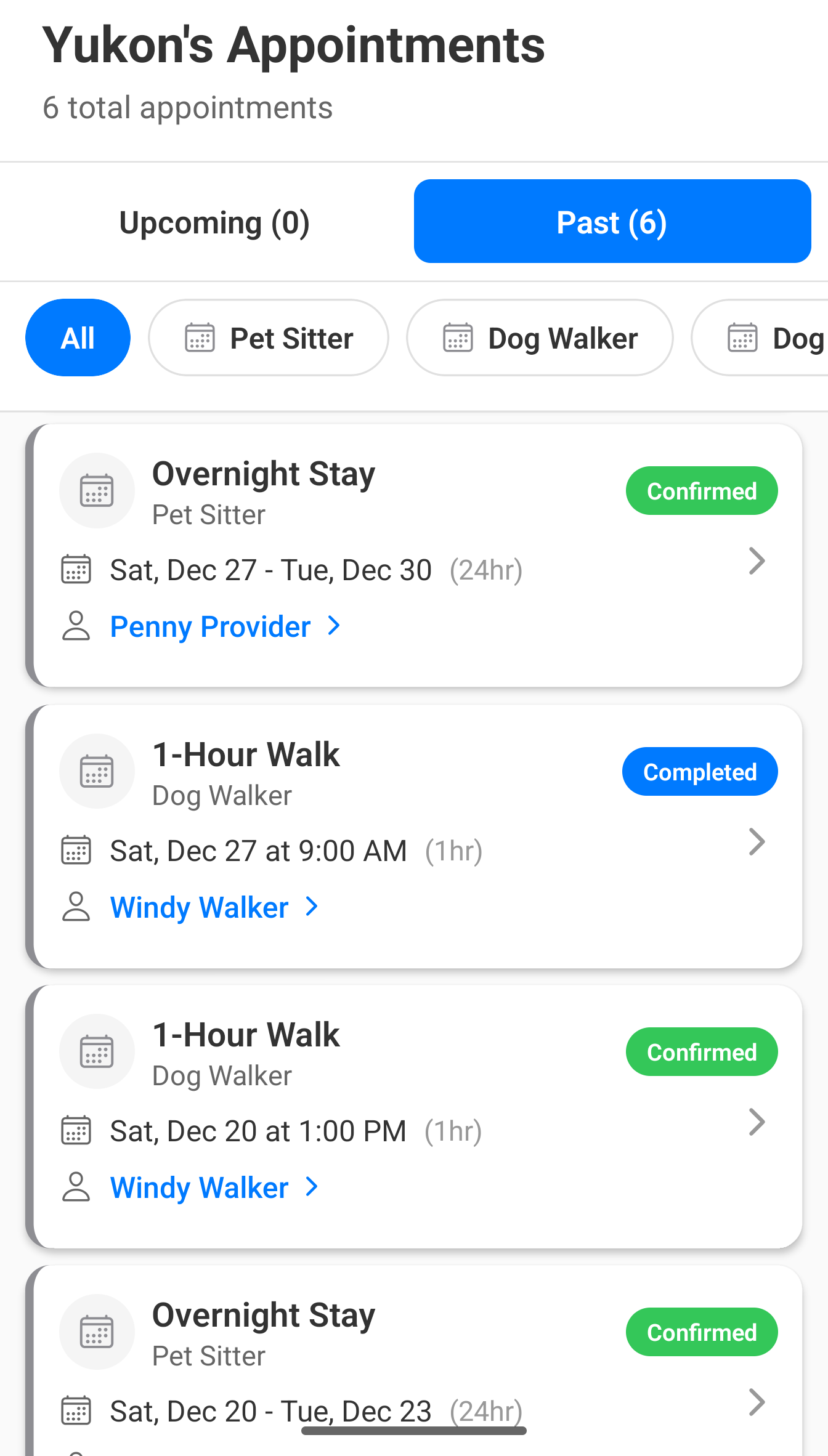 Appointment history showing Pet Sitter and Dog Walker bookings with status badges