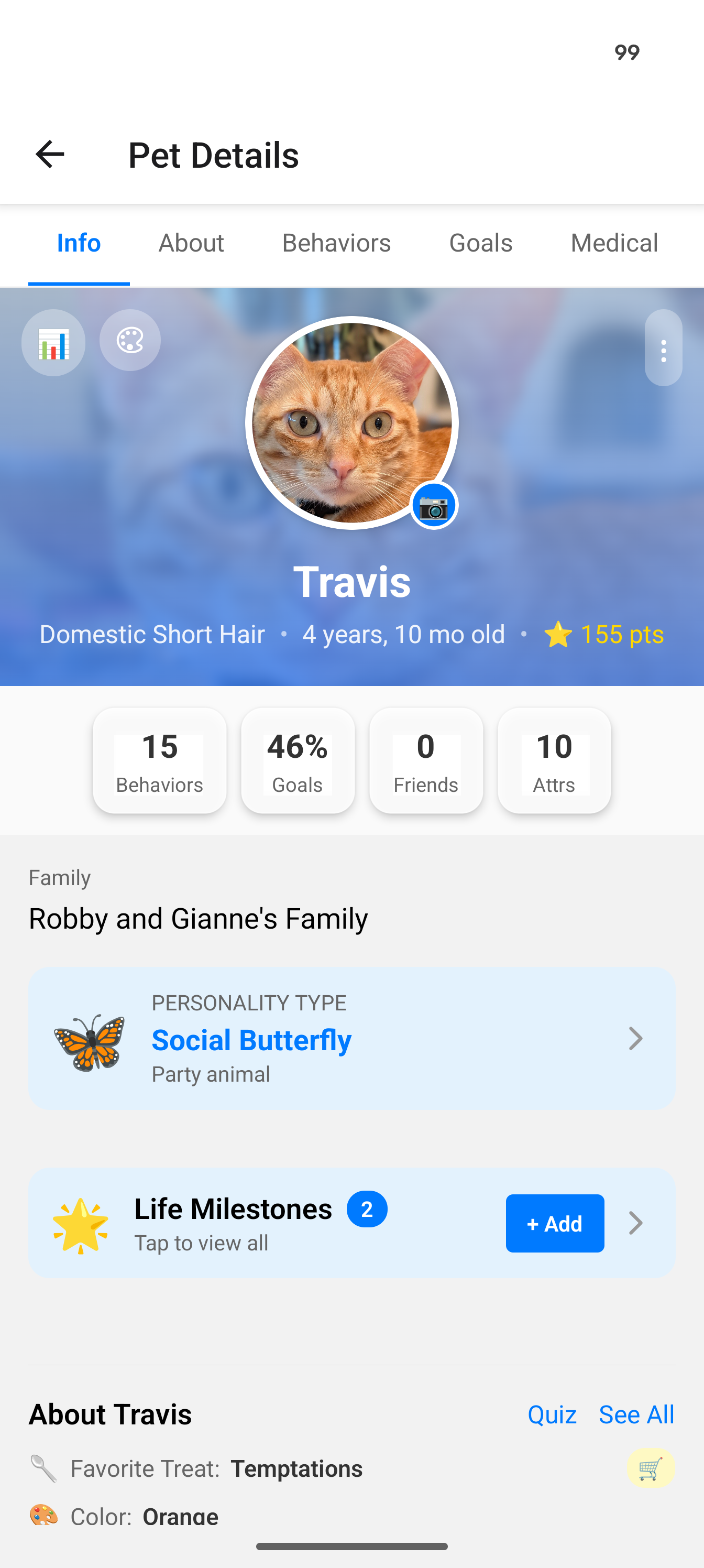 Pet profile showing stats, personality type, life milestones, and attributes